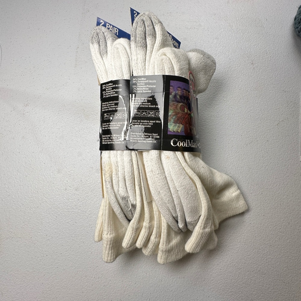 VTG Wilson Pro 5000 Crew Socks Vintage 90s White Grey Cotton Blend 2 Pair‎ 10-13